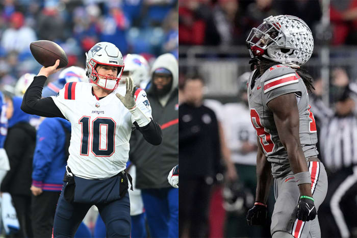New England Patriots quarterback Mac Jones (left) and Ohio State Buckeyes receiver Marvin Harrison Jr (right).
